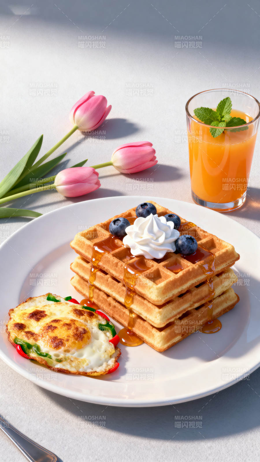 美味早餐华夫饼与果汁图片