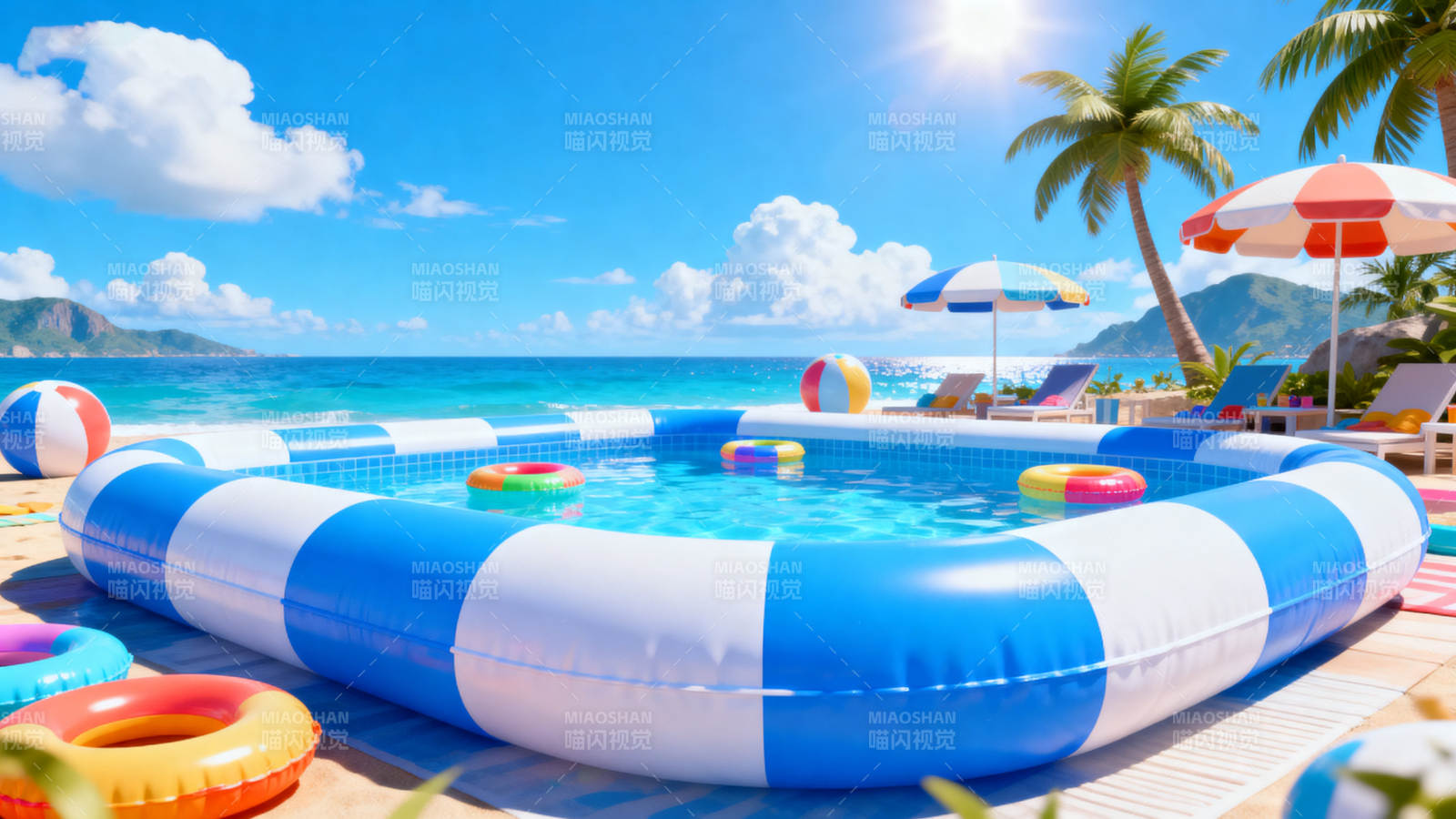 海滩充气泳池夏日度假图片