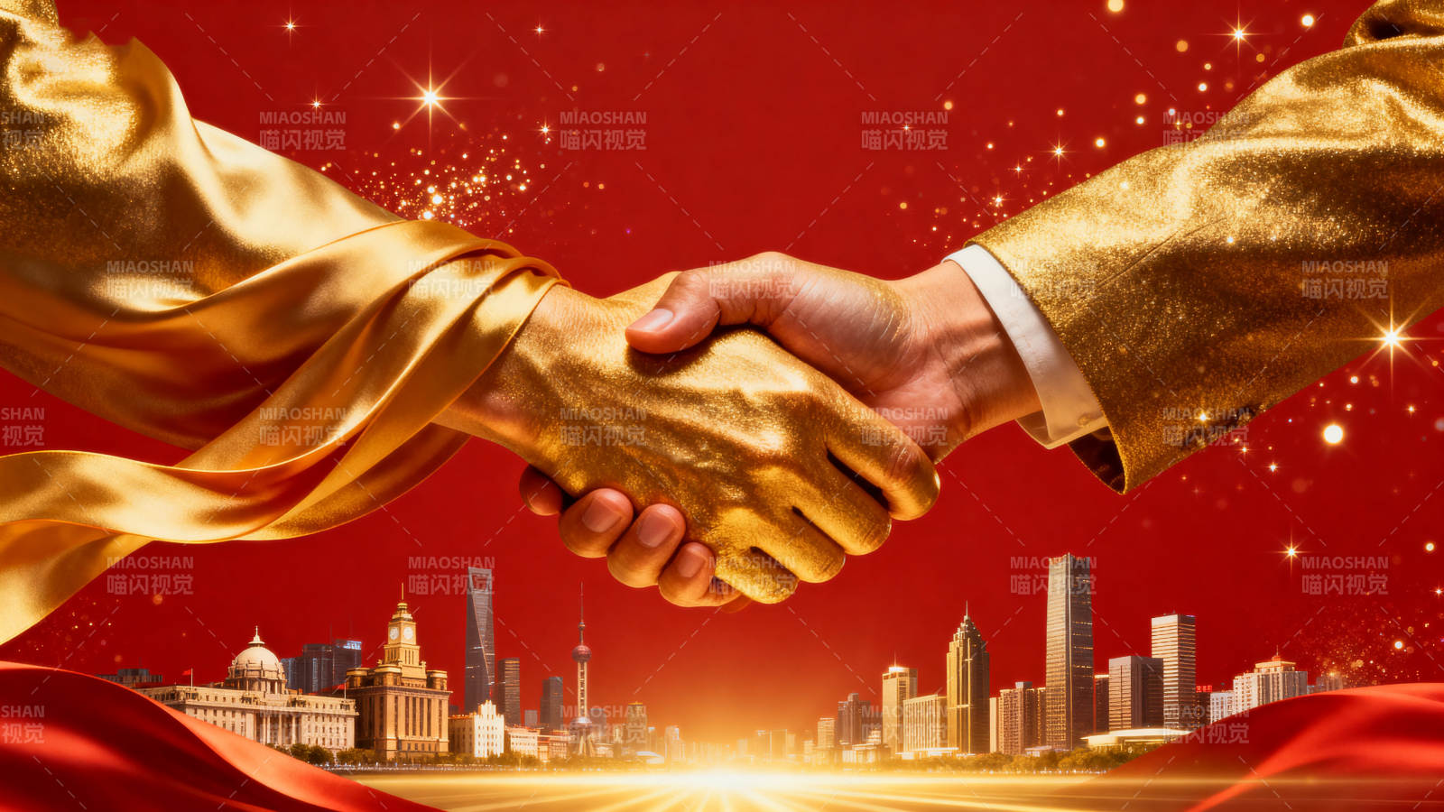 金色握手城市背景图片