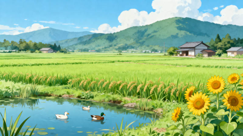 田园风光稻田与鸭子图片