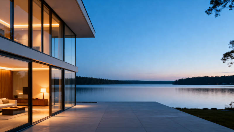 现代湖畔别墅黄昏美景图片