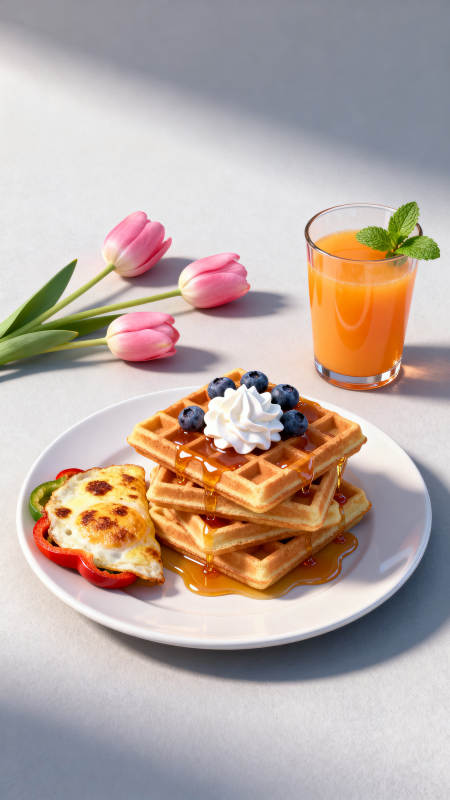 阳光早餐华夫饼与果汁图片