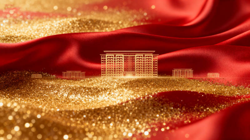 金色建筑红绸背景图片