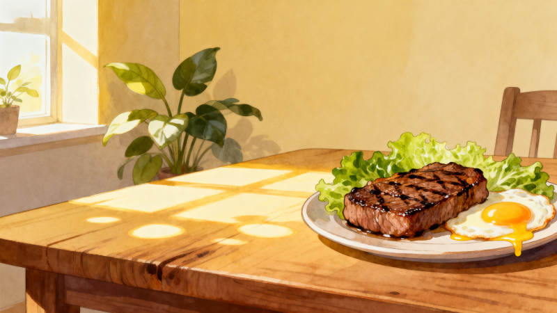 阳光下的牛排与煎蛋图片