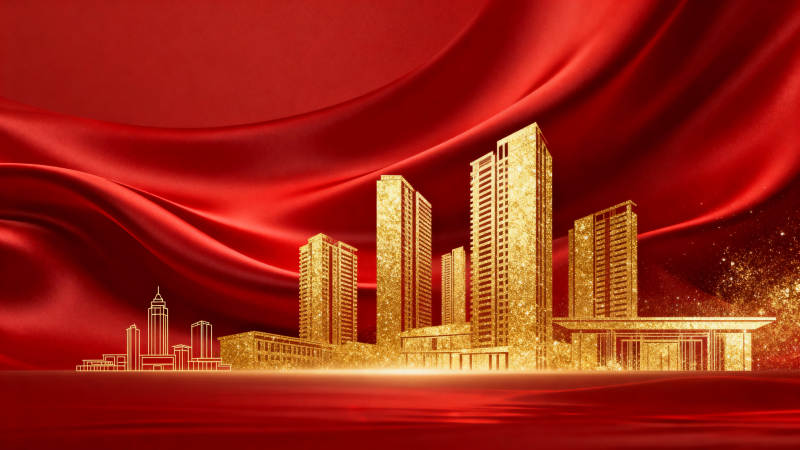金色建筑群红色背景图片