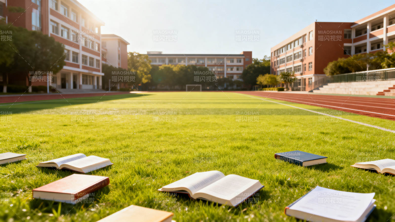 校园操场阳光下的书籍图片