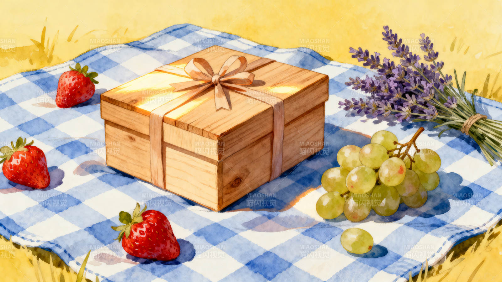 野餐布上的礼物与水果图片