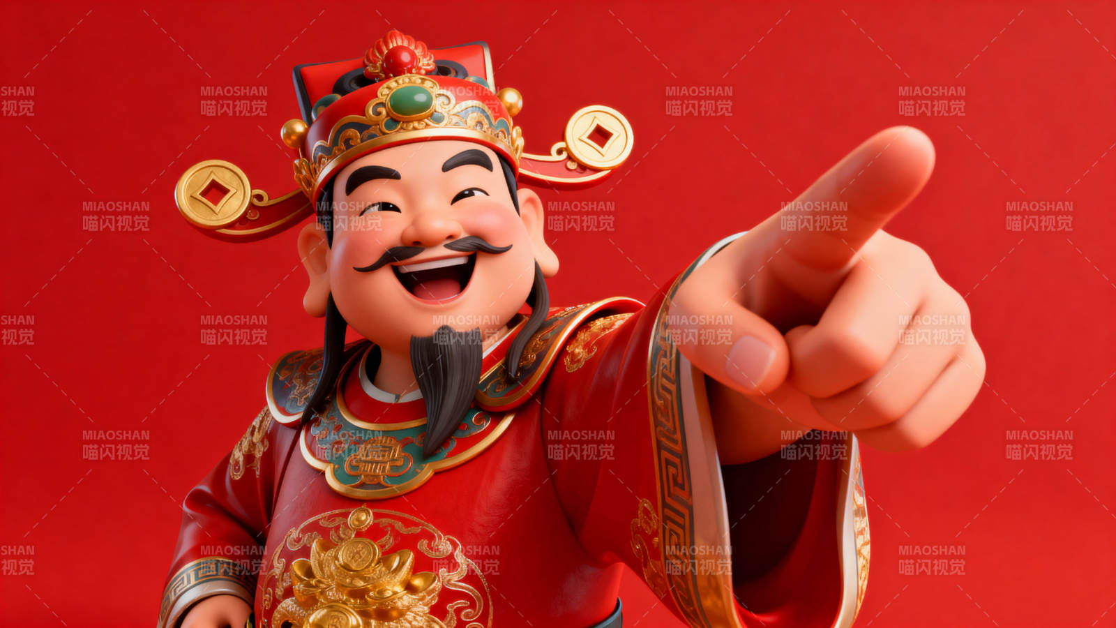 财神爷指向前方笑容满面图片