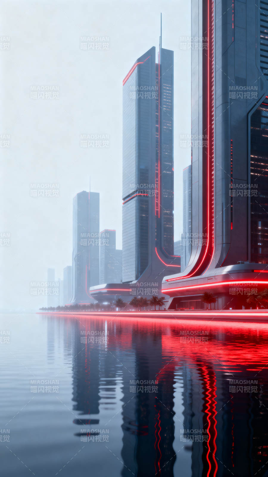 未来城市红色灯光建筑图片