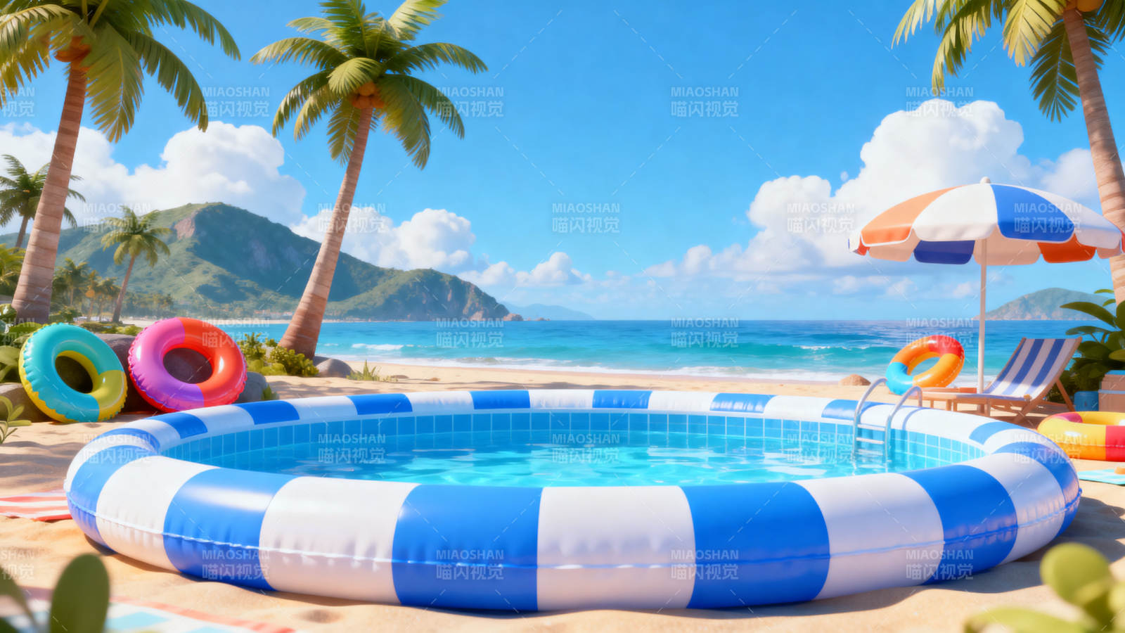 海边沙滩充气泳池夏日度假图片