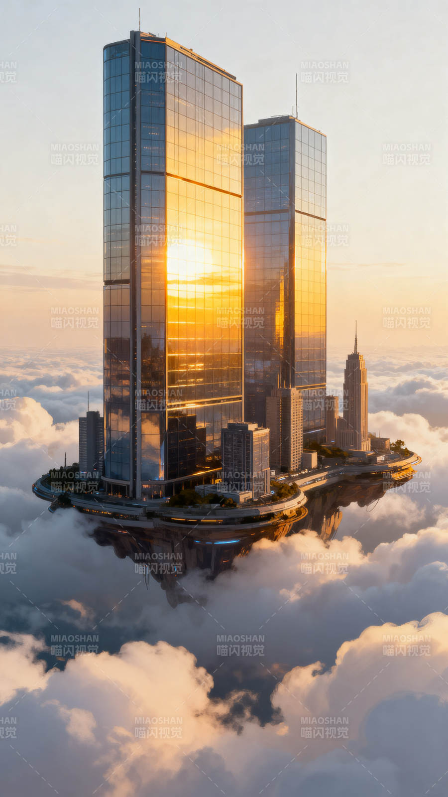 云中悬浮城市夕阳美景图片