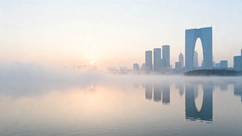 苏州东方之门晨雾美景图片