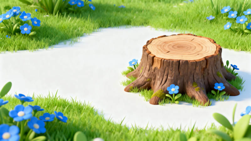 树桩与蓝色花朵的自然场景图片
