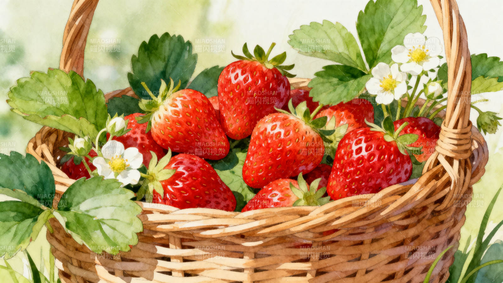 新鲜草莓篮子水彩画图片