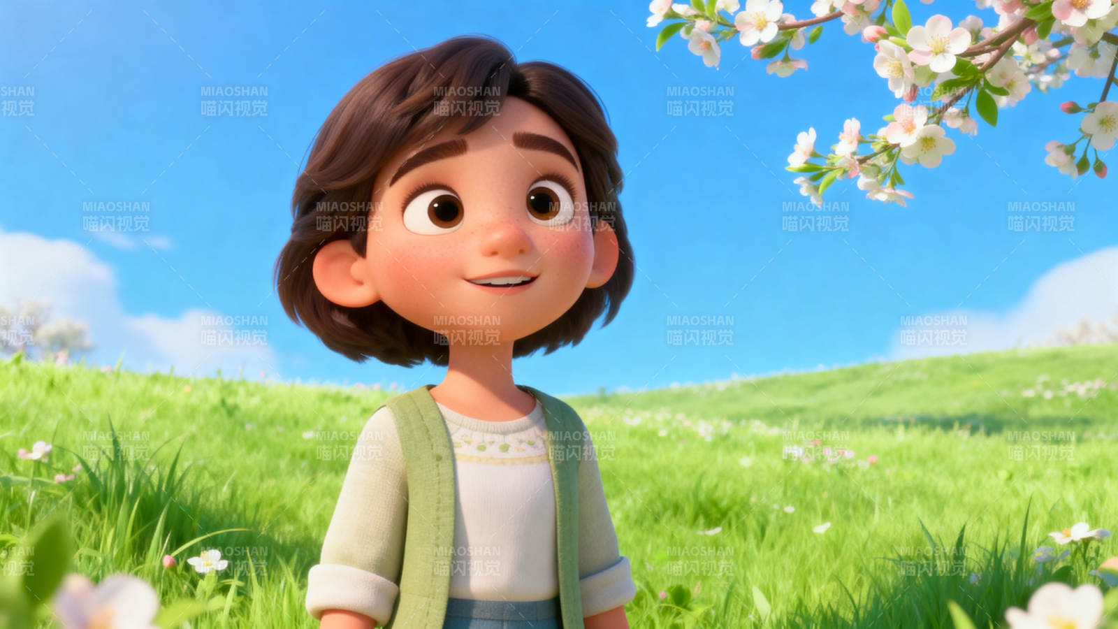 小女孩站在开满花的草地图片