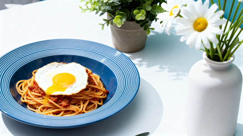 阳光下的意大利面与煎蛋图片