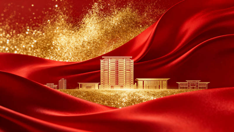 红色背景金色建筑群图片