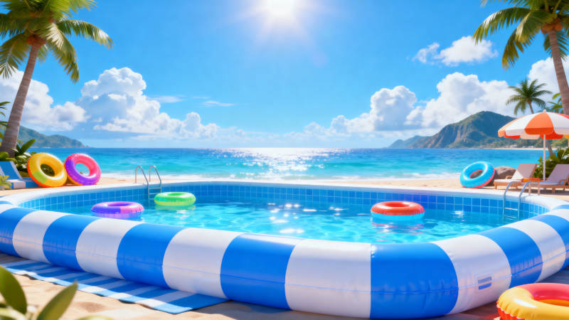 海边充气泳池夏日度假图片