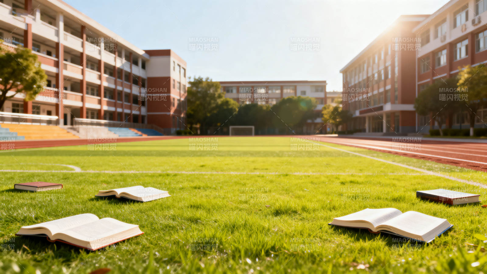 校园操场阳光下的书本图片