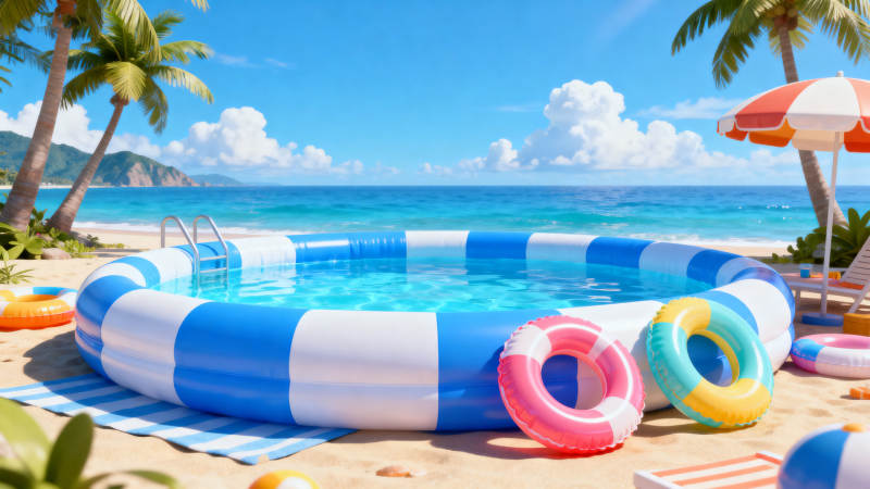 沙滩充气泳池夏日度假图片