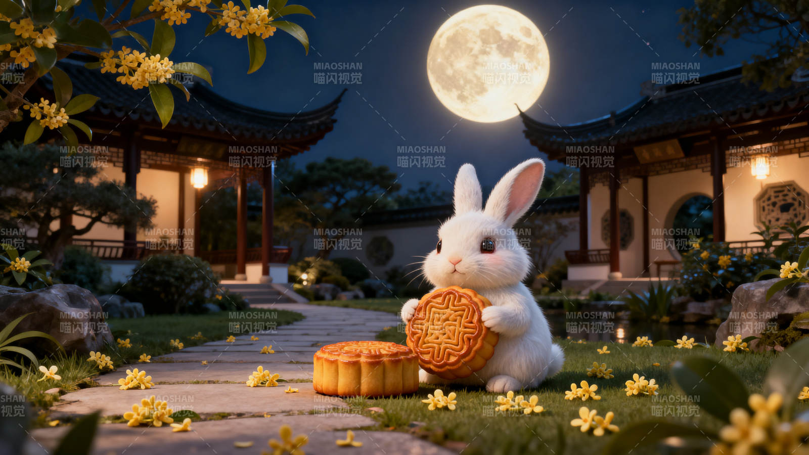 中秋月夜玉兔与月饼图片