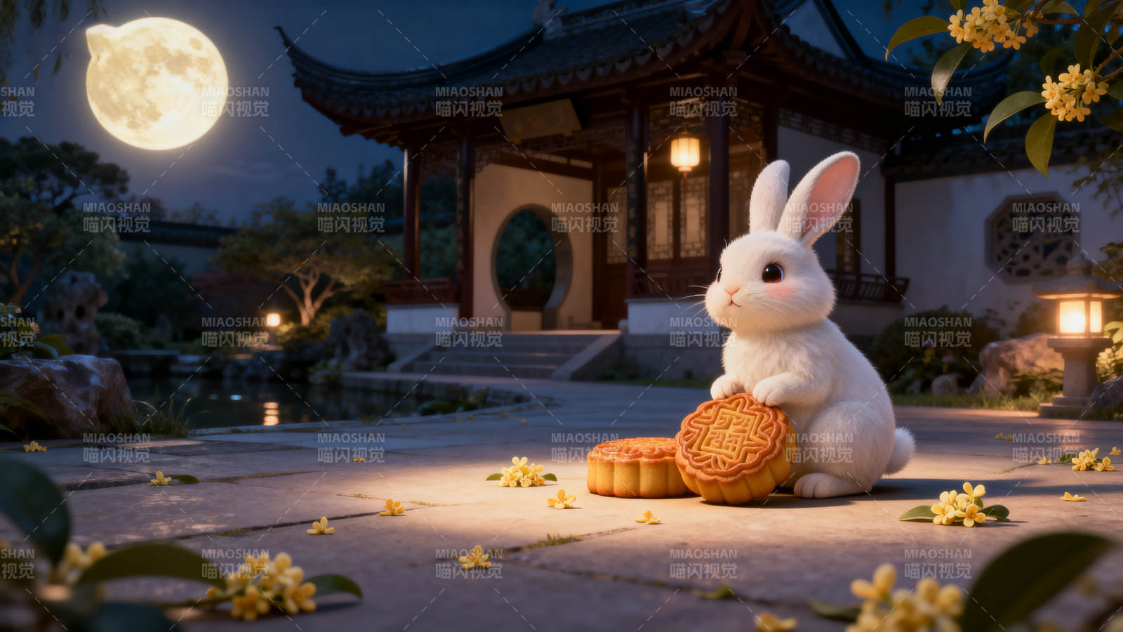 中秋月夜玉兔与月饼图片