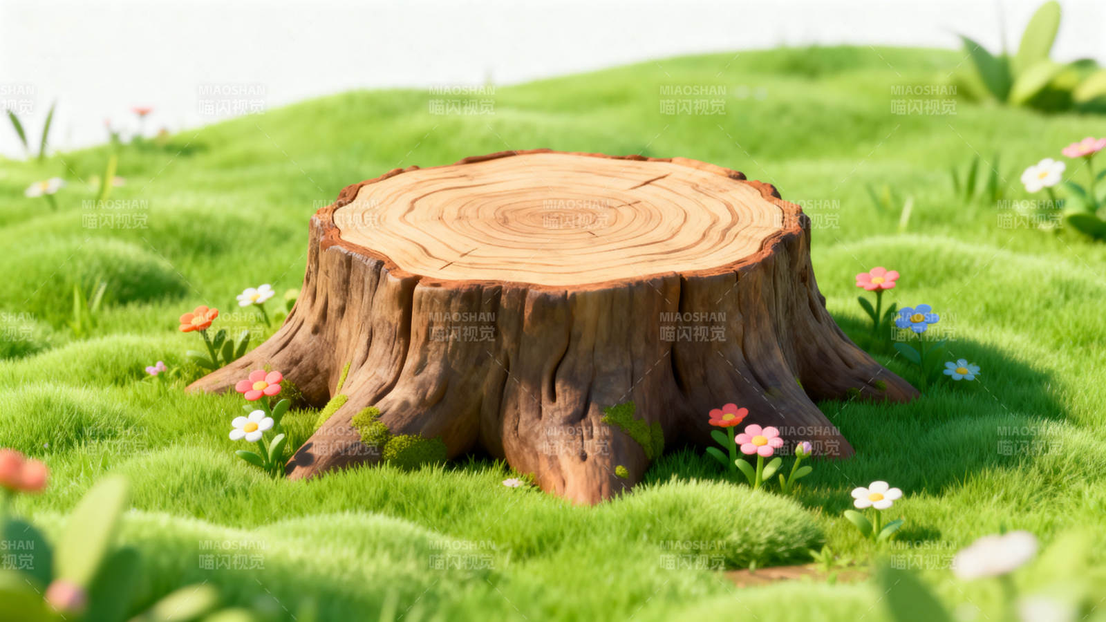 树桩草地花朵自然场景图片