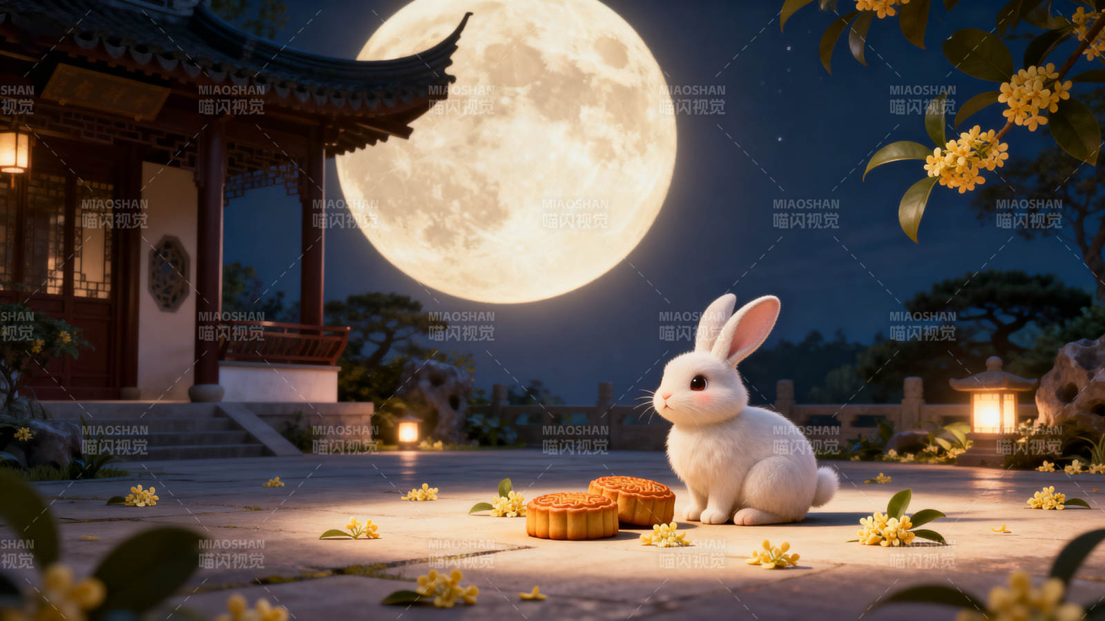 中秋月夜玉兔与月饼图片