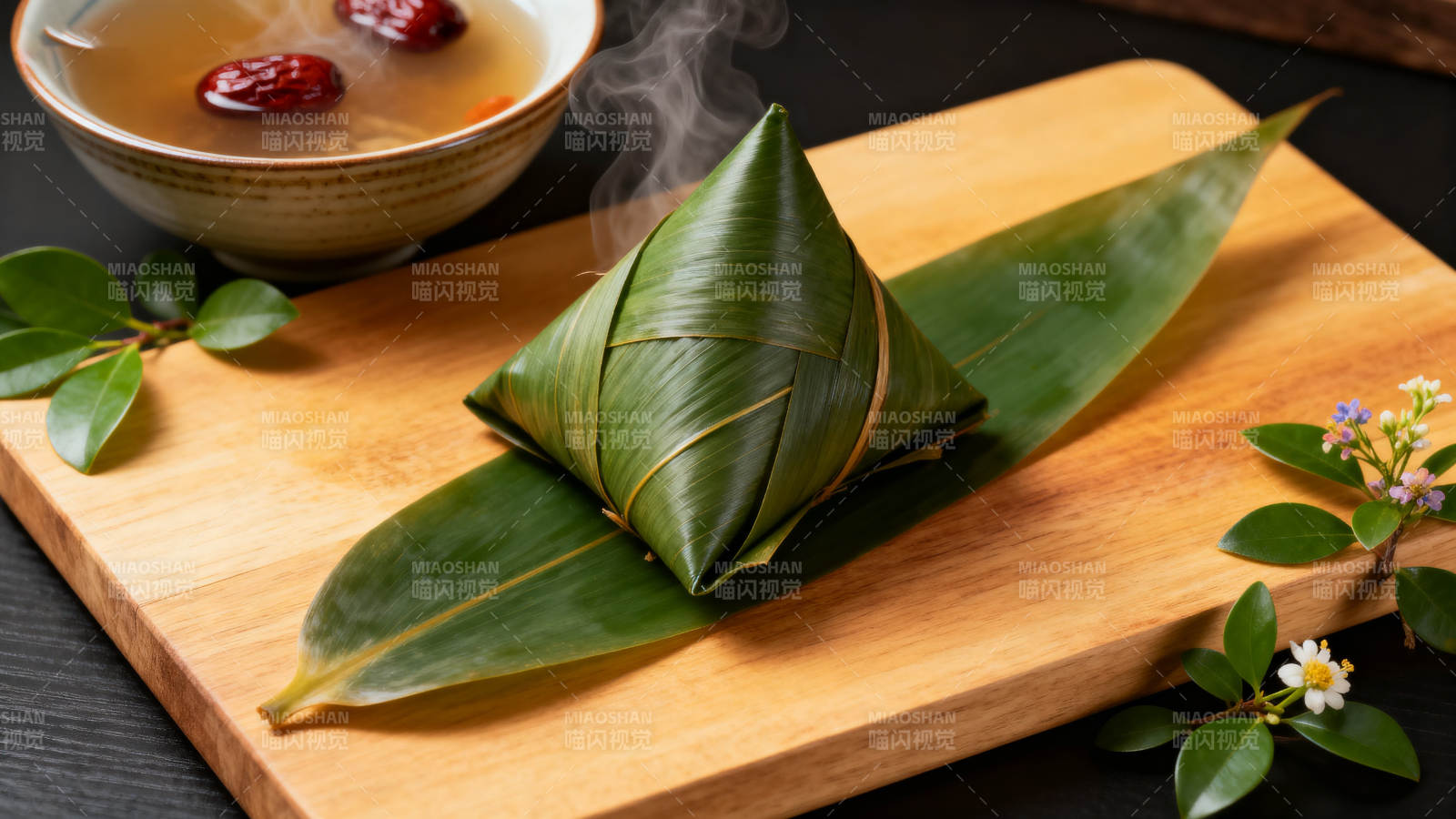 热气腾腾的粽子特写图片