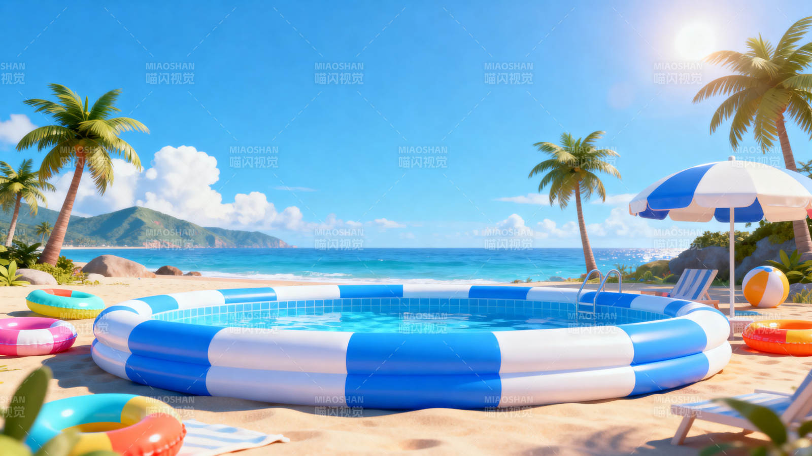 沙滩充气泳池夏日度假图片