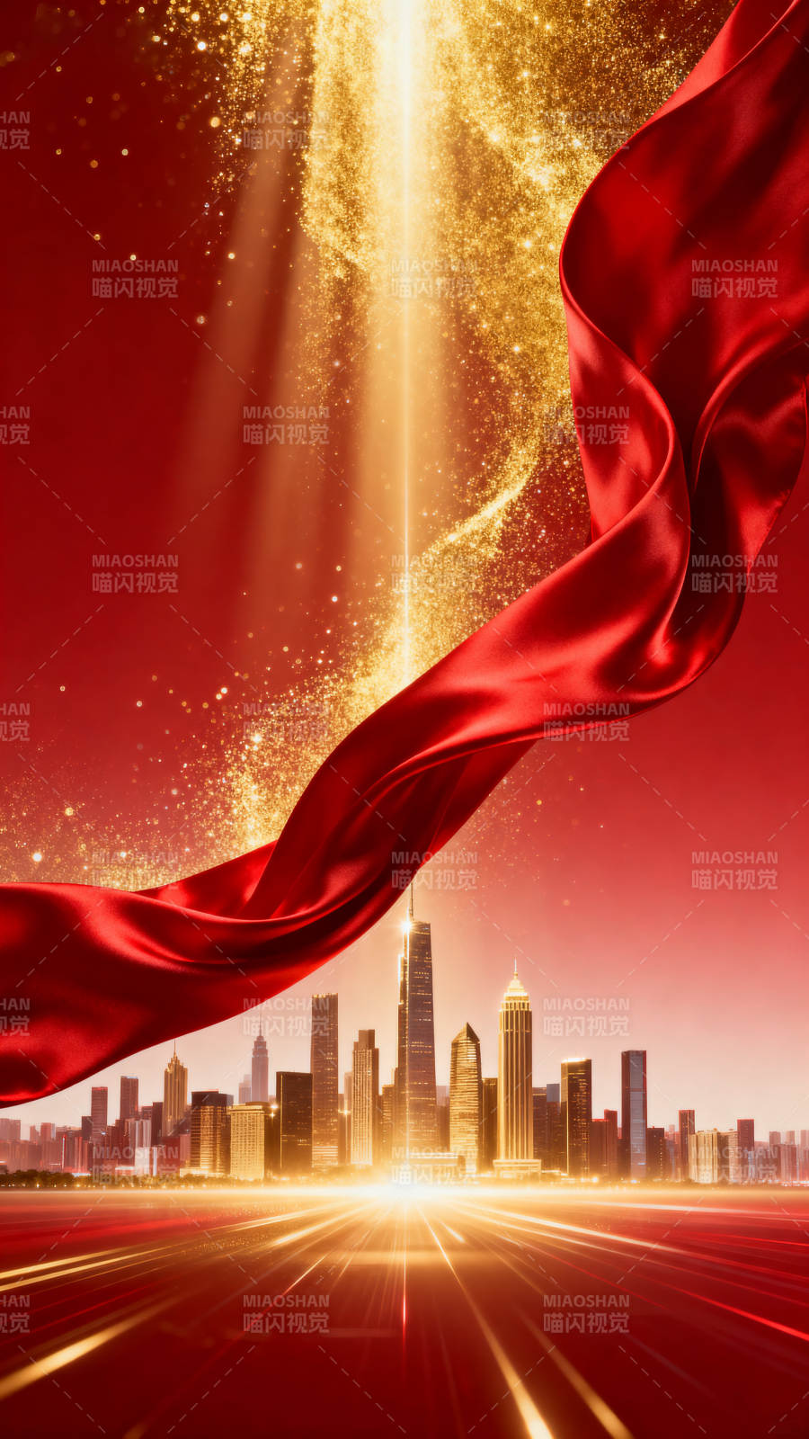 城市辉煌红绸背景图片