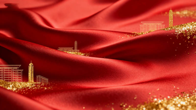 红色绸缎与金色建筑图片