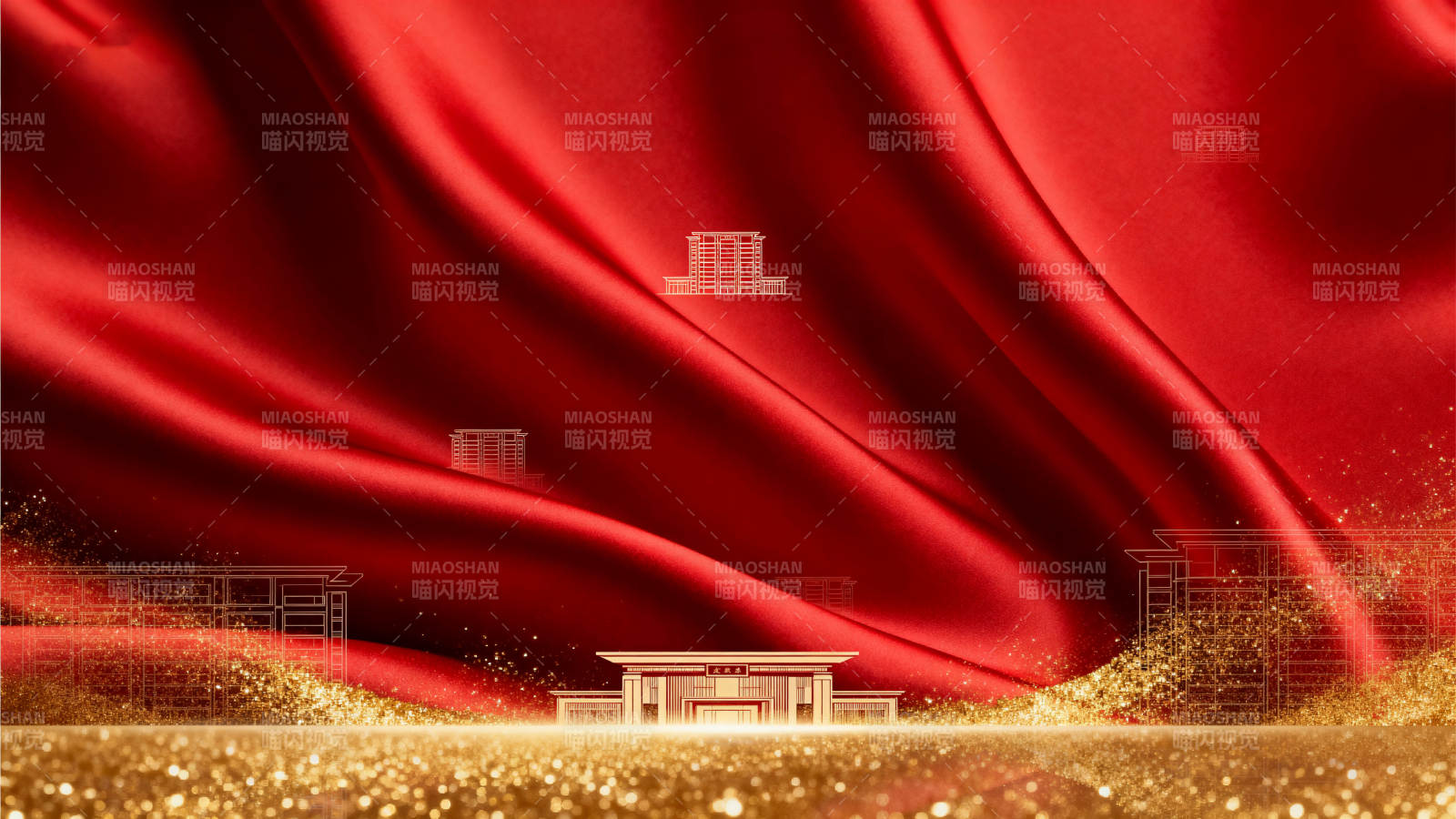 红色背景金色建筑图片