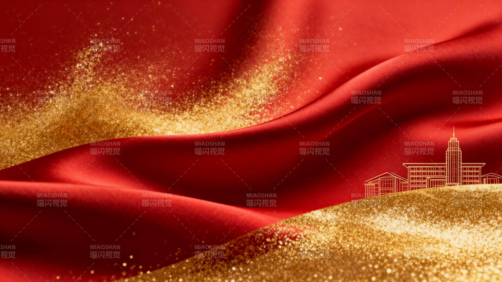 红色丝绸与金色建筑背景图片