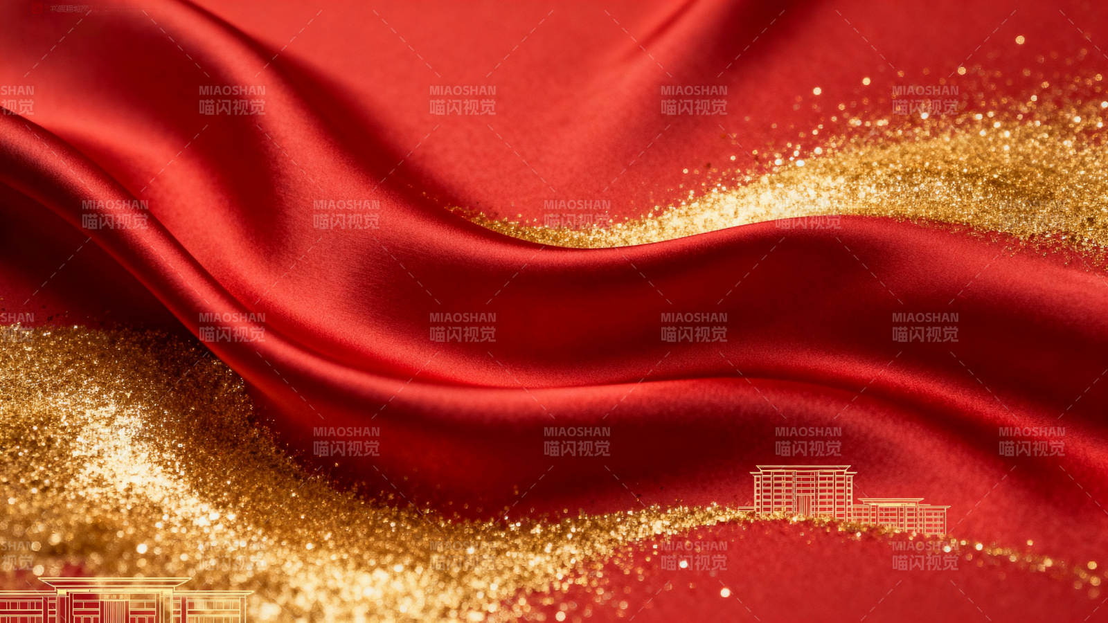 红色丝绸与金色粒子背景图片