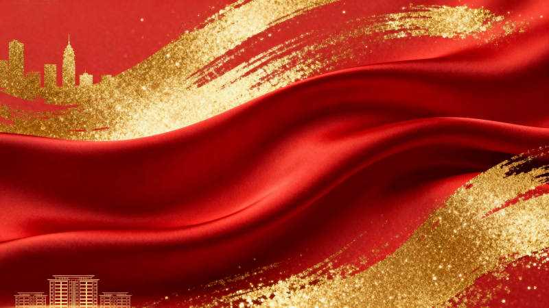 红色绸缎与金色装饰背景图片