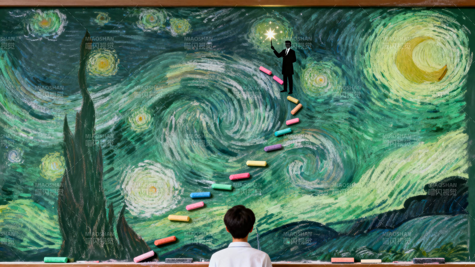 星空黑板粉笔画创意图片