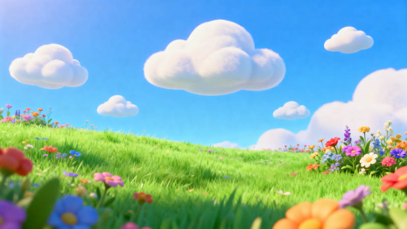 蓝天白云草地花海图片