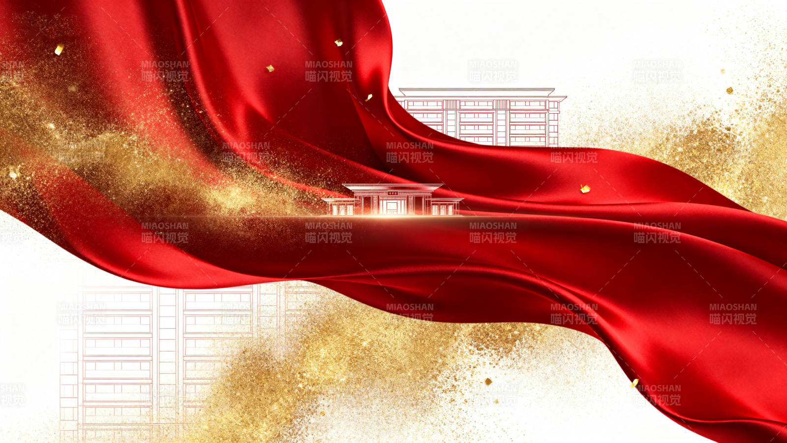 红色绸带与建筑线条图片