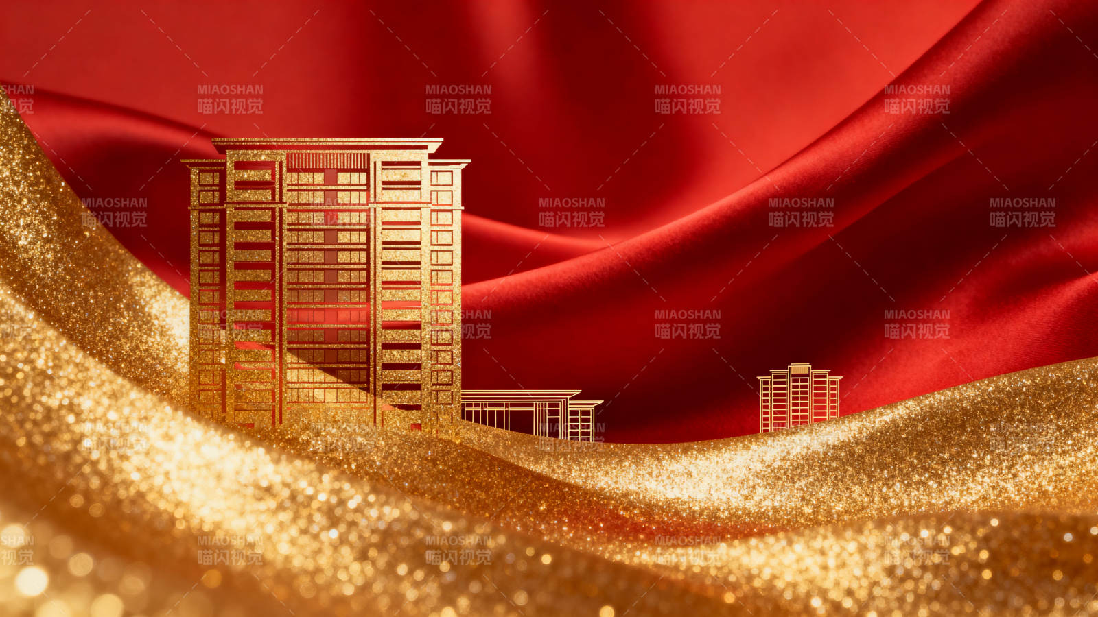 金色建筑红色背景图片