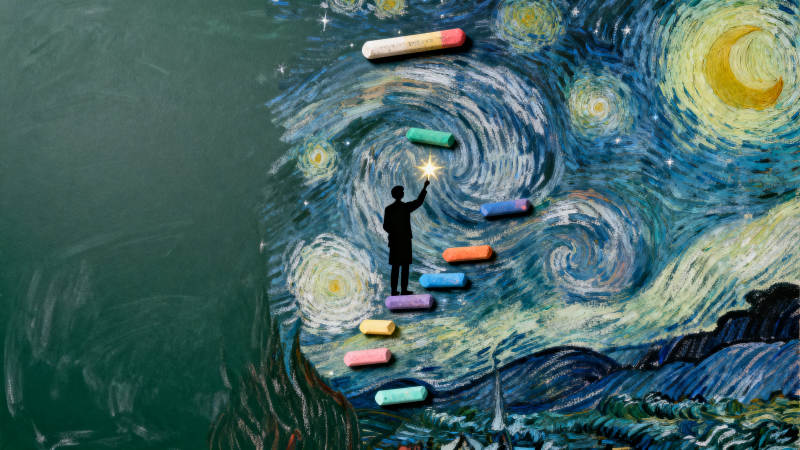 星空梯子与粉笔创意画图片