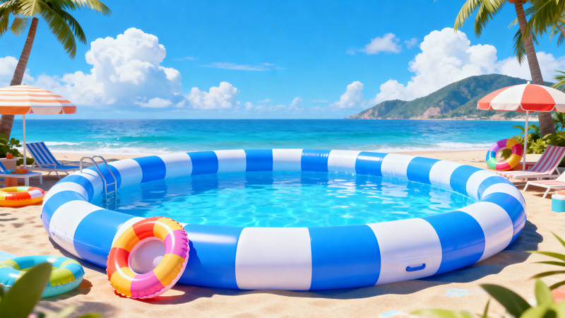 沙滩充气泳池夏日度假图片