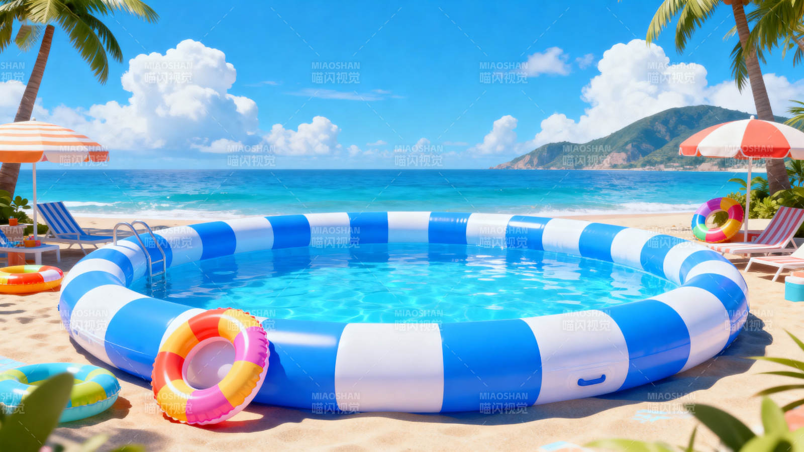 沙滩充气泳池夏日度假图片