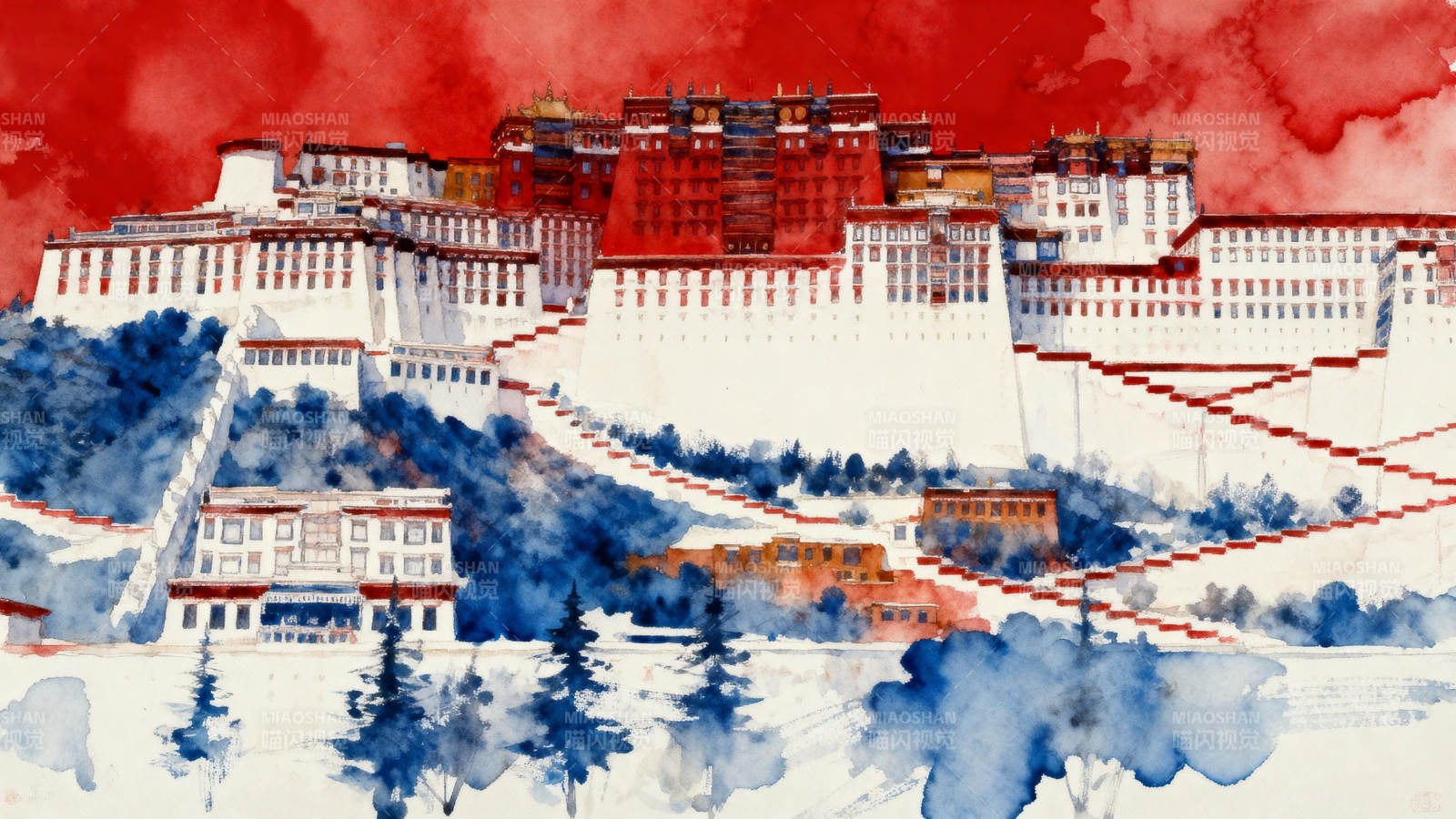 布达拉宫水彩艺术图片