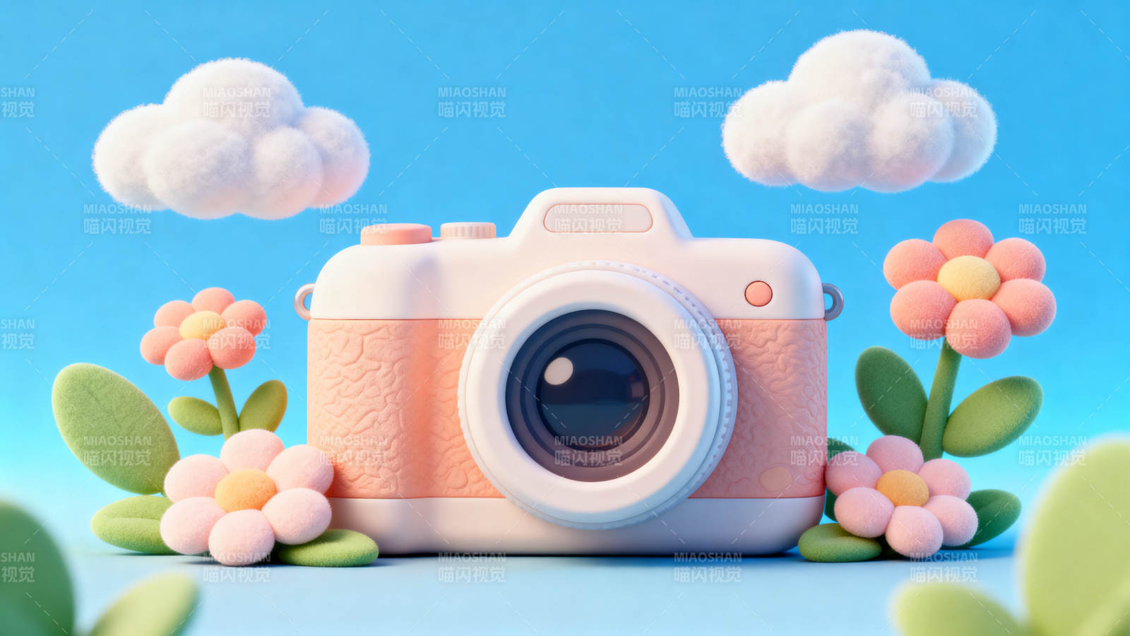 卡通相机与花朵云朵图片