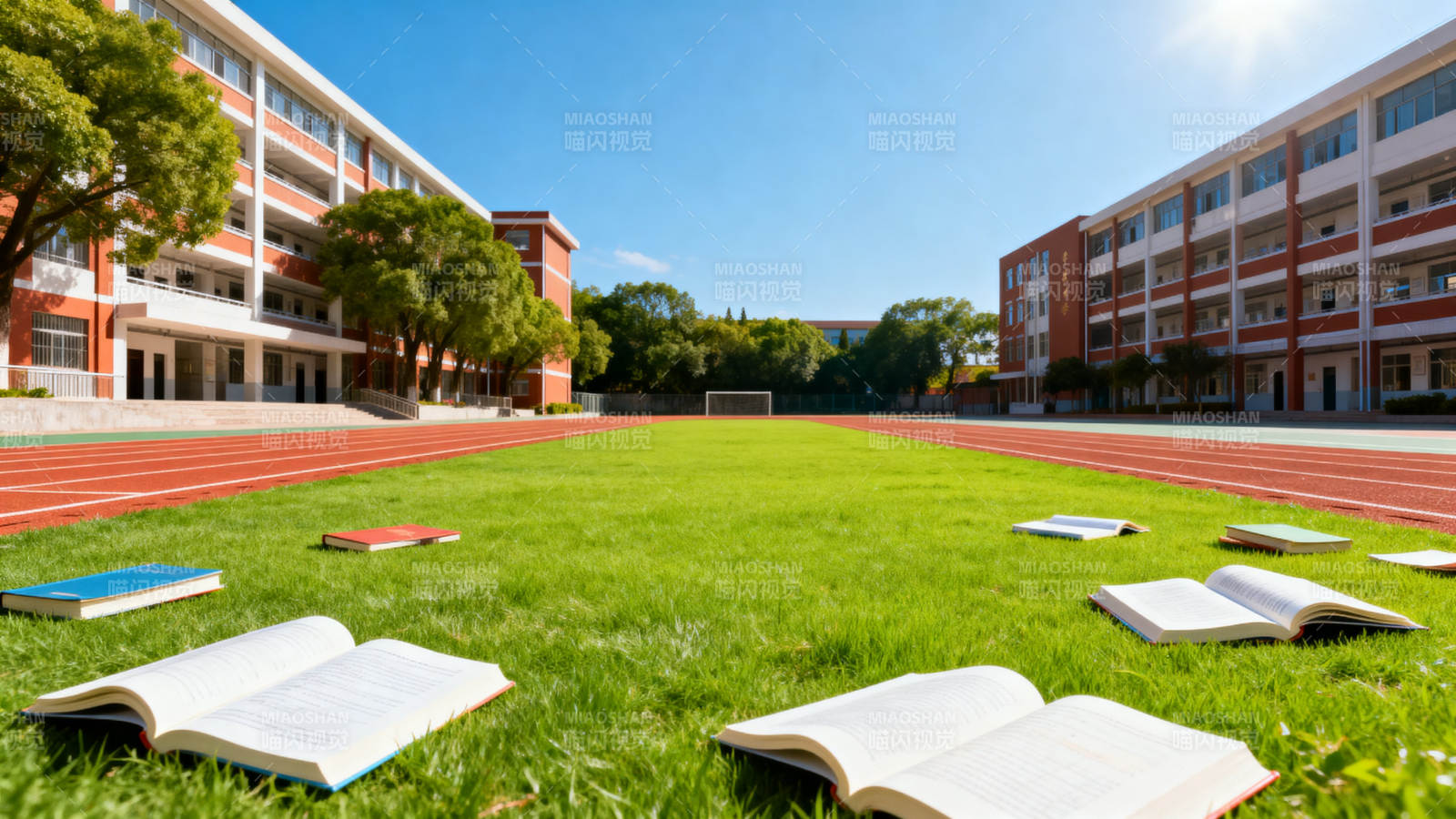 校园操场阳光下的书籍图片