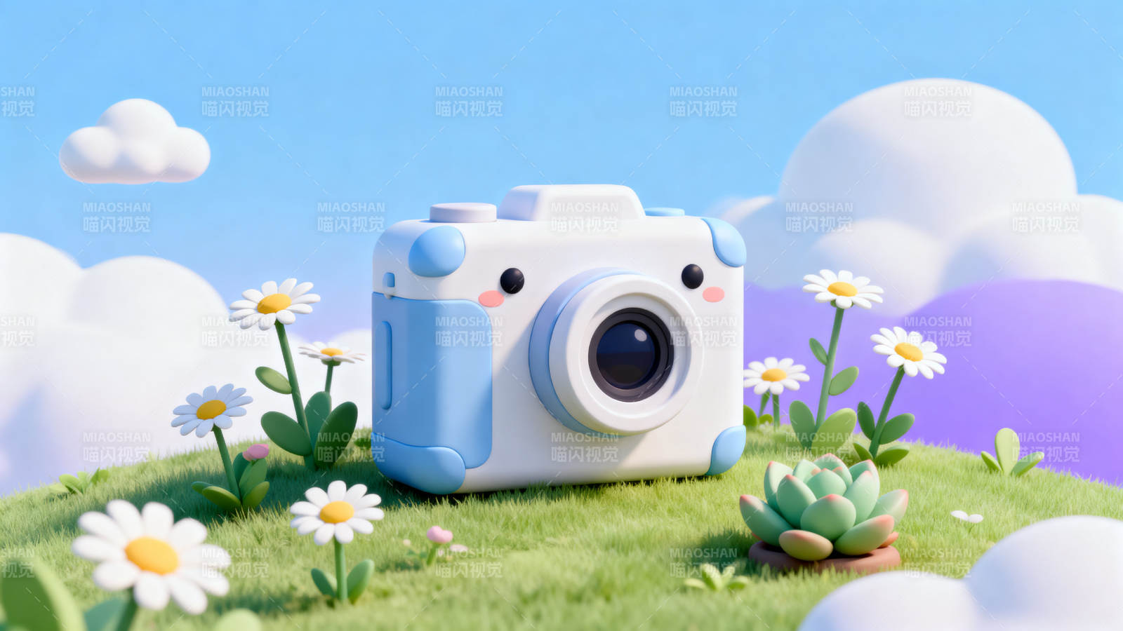 卡通相机草地云朵图片