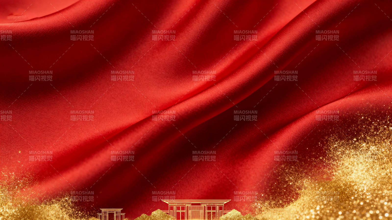 红色绸缎金色建筑背景图片