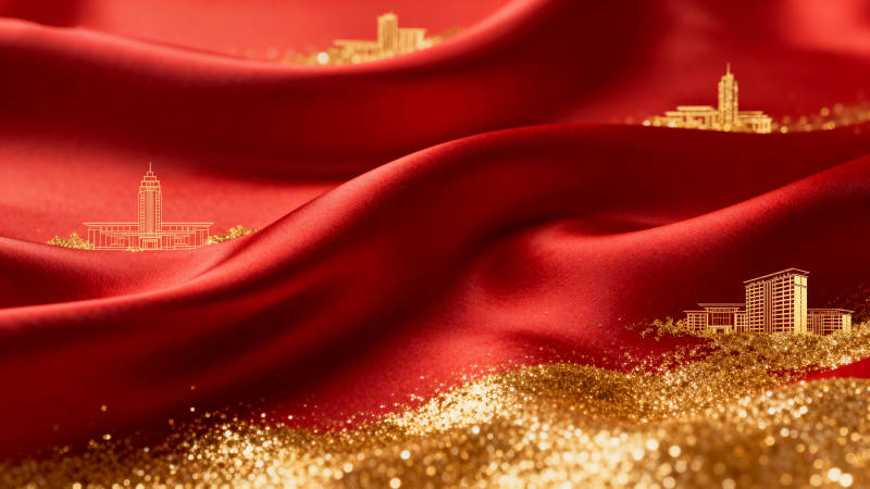 红色绸缎与金色建筑图片