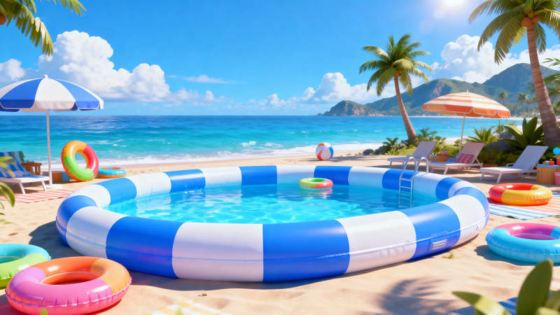 沙滩充气泳池夏日度假图片